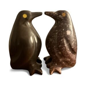 Handcarved 2 Stone Penquins Vintage 1 speckled 1 brown